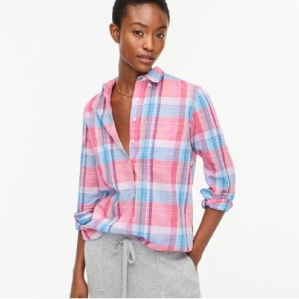 J Crew Classic Plaid Popover Blouse Pink Purple Turquoise